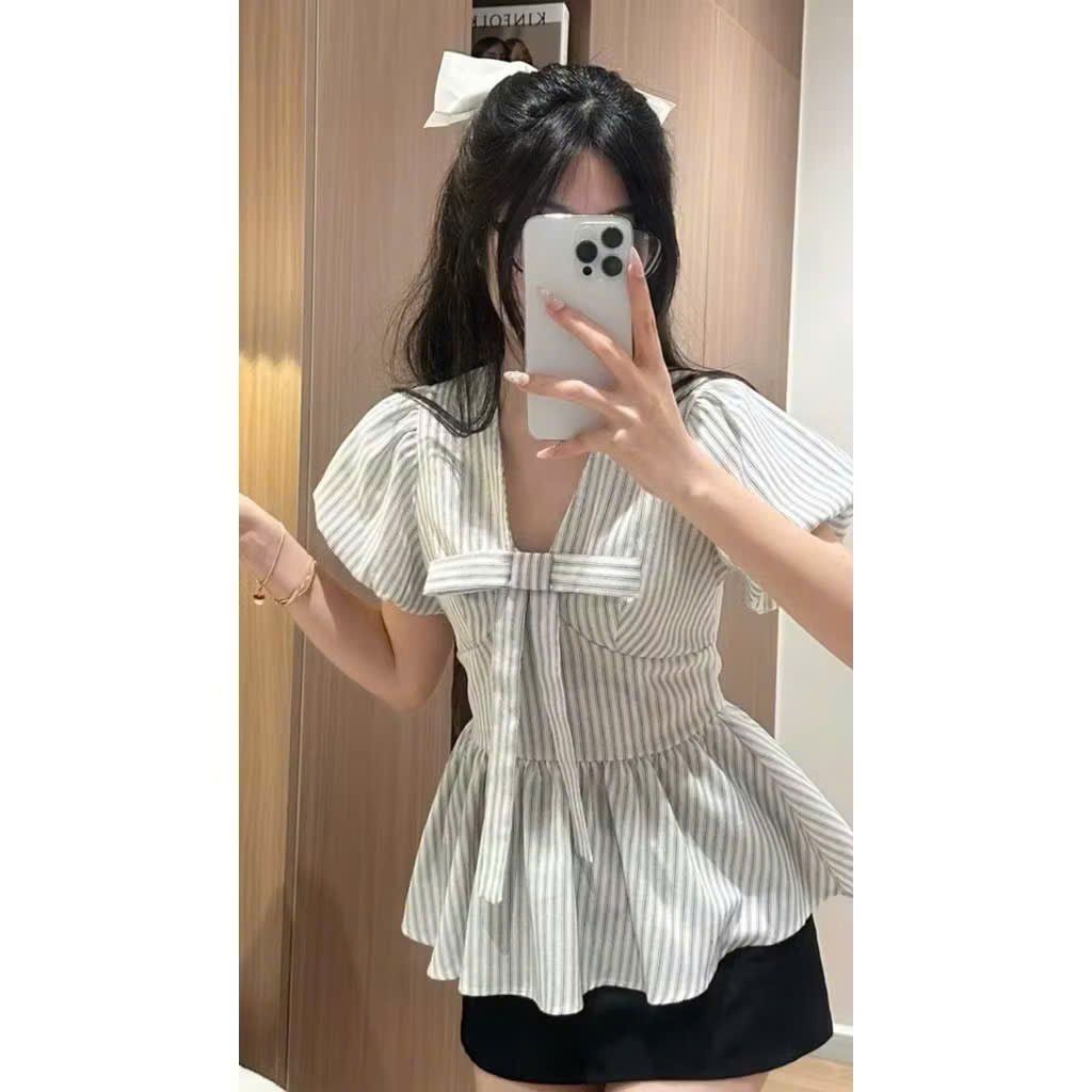 Áo sơ mi sọc thắt nơ A52066