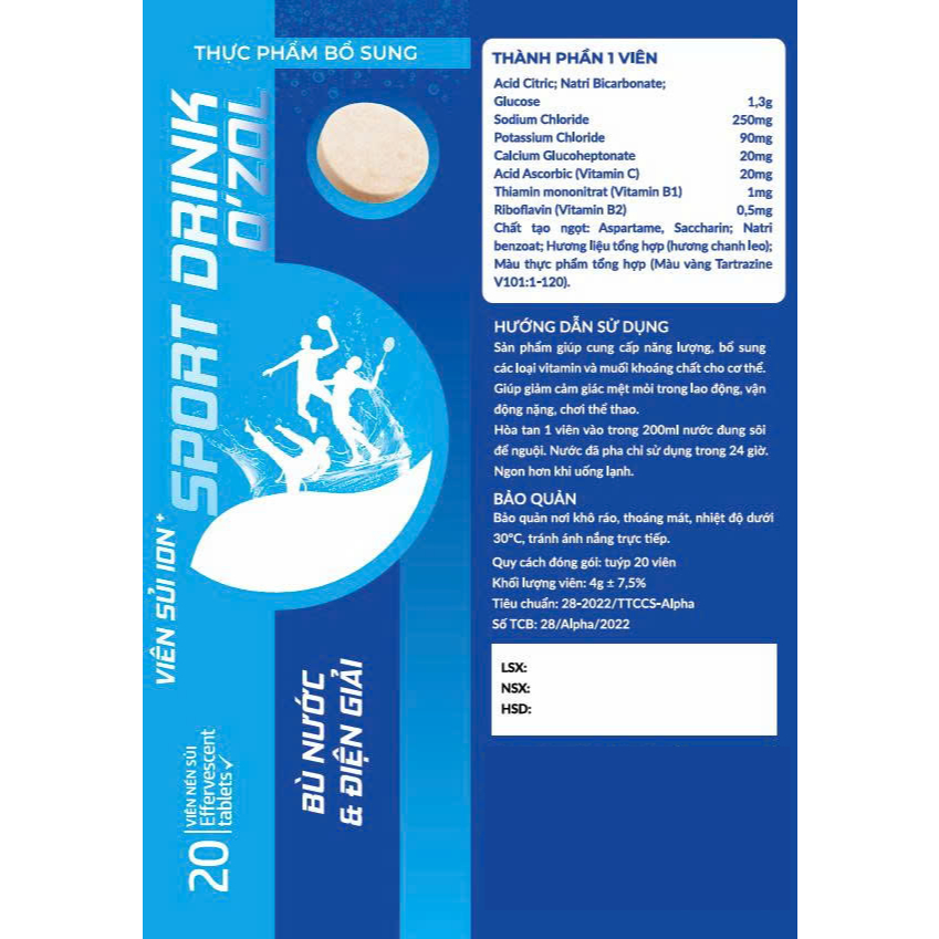 Viên sủi ION+ Sport Drink O'ZOL, Bù điện giải, Bù khoáng, Bù nước, Tuýp 20 viên