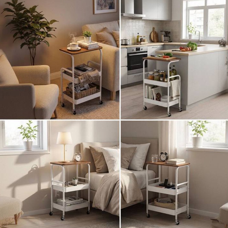 Kệ xe Đẩy 3 Tầng Mặt Gỗ Có Bánh Xe – Kệ Đựng Đồ Đa Năng Phong Cách Bắc Âu, Dùng Nhà Bếp, Phòng Khách, Phòng Ngủ
