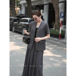 Set 2 chi tiết mix blazer không cổ ngắn tay và chân váy dài xếp ly HAGOO [B617 - CV619]