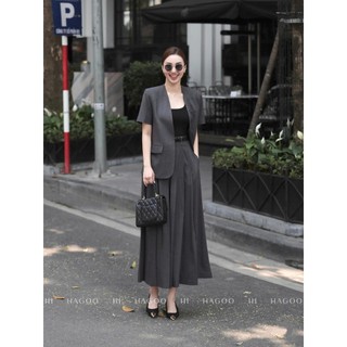 Set 2 chi tiết mix blazer không cổ ngắn tay và chân váy dài xếp ly HAGOO [B617 - CV619]