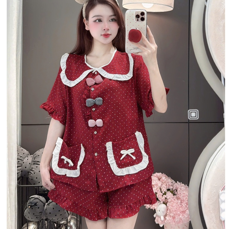 [MẪU HÈ] Bộ Đồ Ngủ Nữ JUSOKA Pijama Chất Liệu Đũi Vân Mây Cổ Sen Viền Bèo Đính Nơ Siêu Mềm Mịn DU38