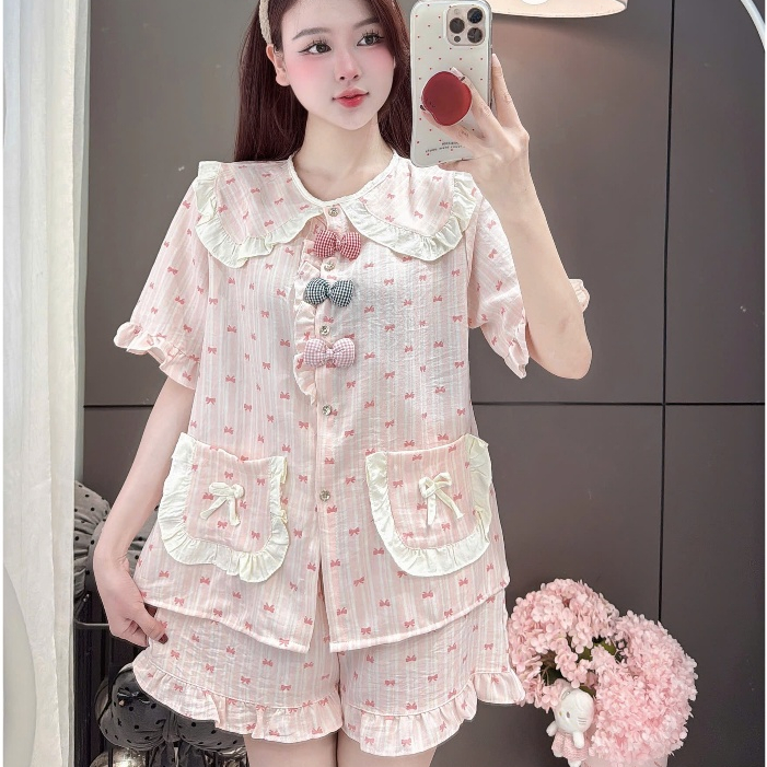 [MẪU HÈ] Bộ Đồ Ngủ Nữ JUSOKA Pijama Chất Liệu Đũi Vân Mây Cổ Sen Viền Bèo Đính Nơ Siêu Mềm Mịn DU38