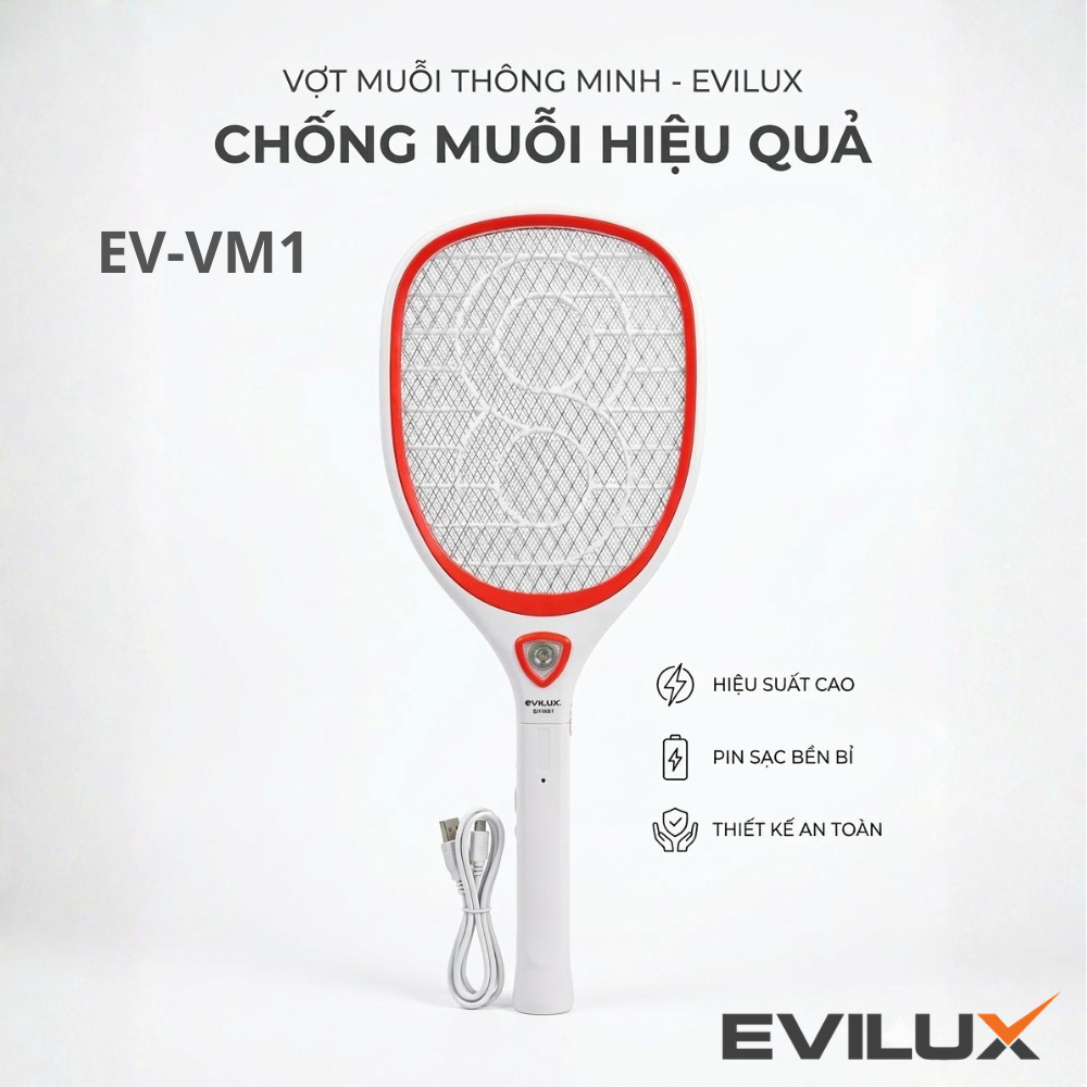 Vợt Muỗi Điện EVILUX VM1 / VM3 – Diệt Muỗi 3000V, Pin Sạc, Đèn LED, Lưới 3 Lớp An Toàn Cao Cấp
