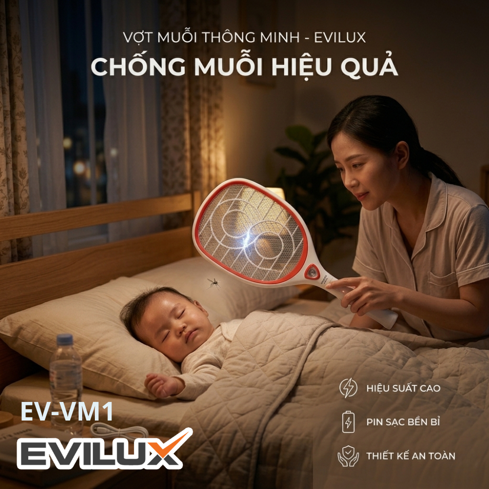 Vợt Muỗi Điện EVILUX VM1 / VM3 – Diệt Muỗi 3000V, Pin Sạc, Đèn LED, Lưới 3 Lớp An Toàn Cao Cấp