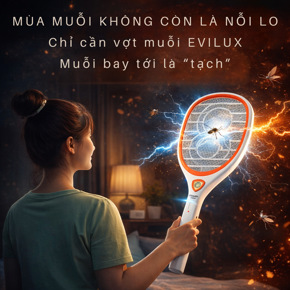 Vợt Muỗi Điện EVILUX VM1 / VM3 – Diệt Muỗi 3000V, Pin Sạc, Đèn LED, Lưới 3 Lớp An Toàn Cao Cấp