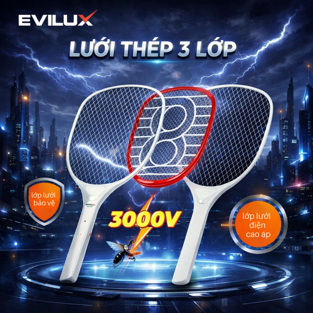 Vợt Muỗi Điện EVILUX VM1 / VM3 – Diệt Muỗi 3000V, Pin Sạc, Đèn LED, Lưới 3 Lớp An Toàn Cao Cấp