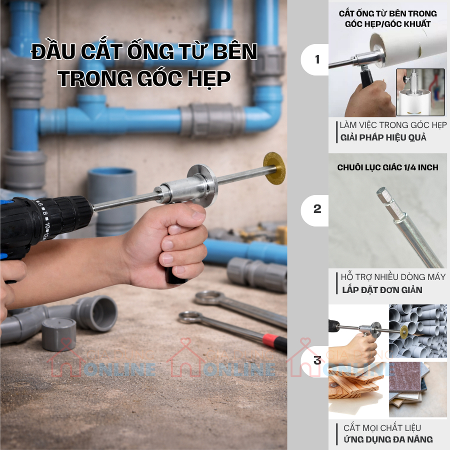 Đầu cắt ống nhựa PVC trong góc khuất gắn máy khoan vít, lưỡi tròn, có tay cầm, chuôi lục giác