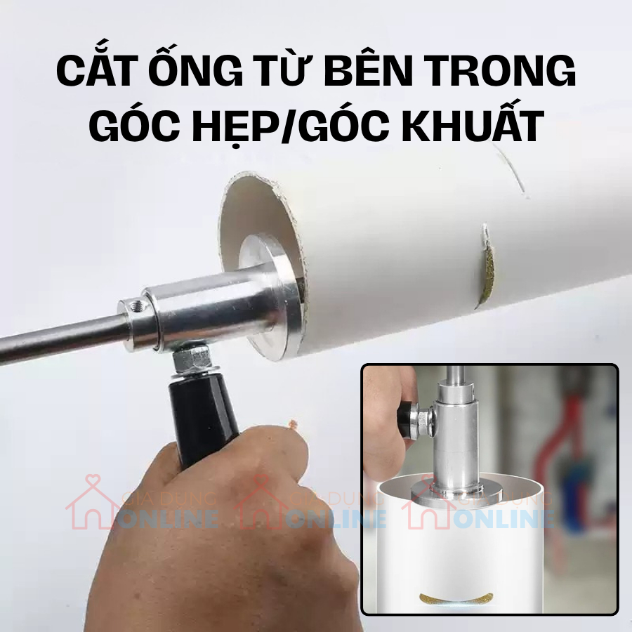 Đầu cắt ống nhựa PVC trong góc khuất gắn máy khoan vít, lưỡi tròn, có tay cầm, chuôi lục giác