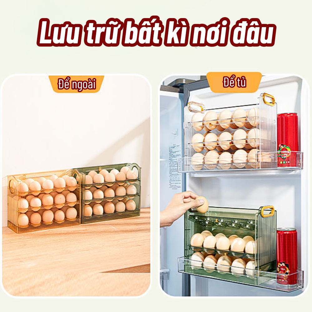 Khay đựng trứng thông minh, hộp đựng trứng 3 tầng thông minh có thể tự lật khi hết trứng sức chứa 30 quả