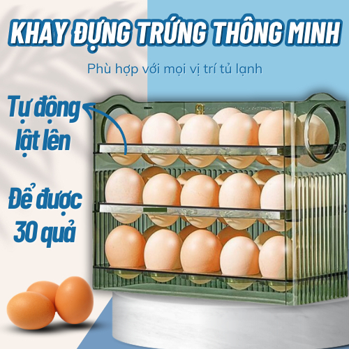 Khay đựng trứng thông minh, hộp đựng trứng 3 tầng thông minh có thể tự lật khi hết trứng sức chứa 30 quả