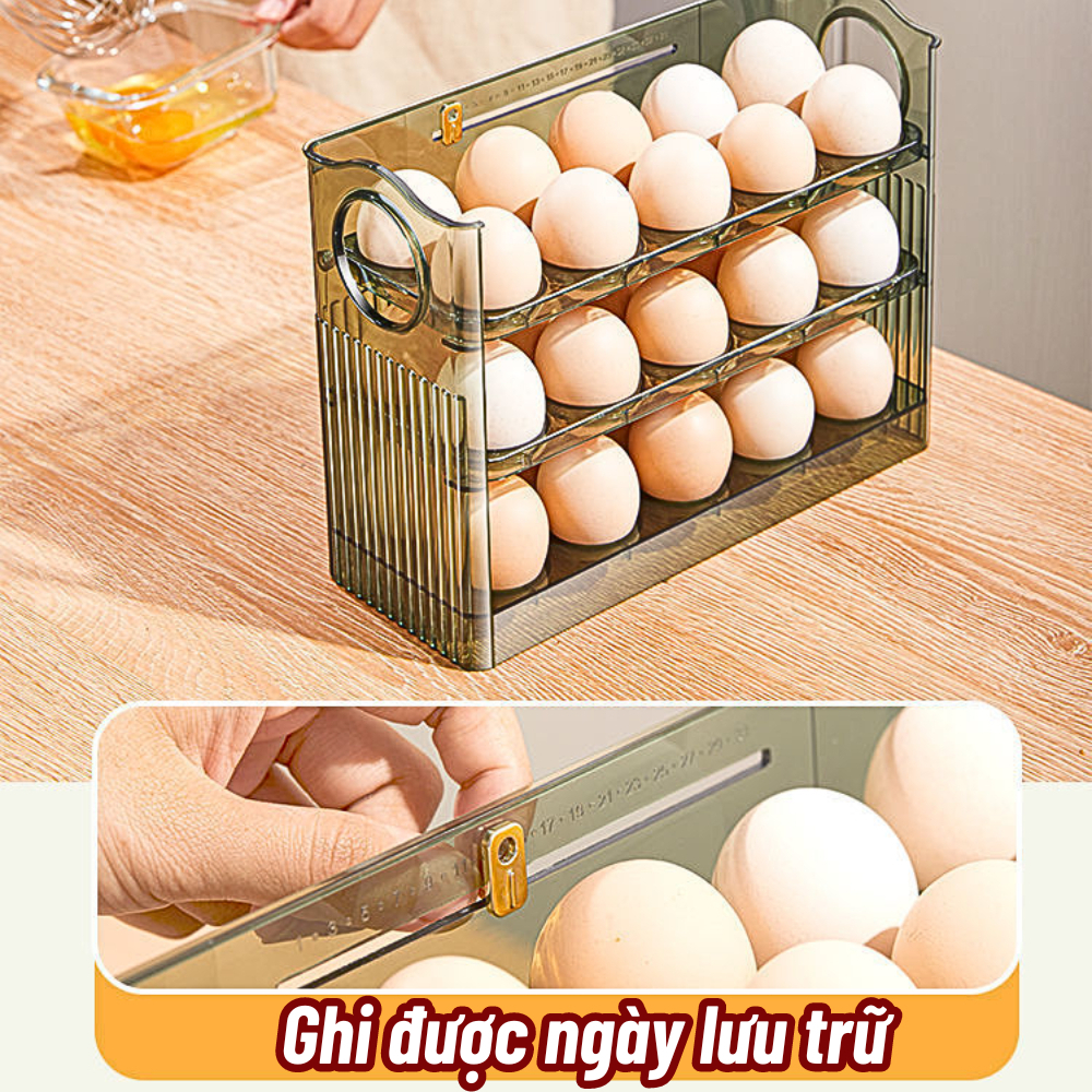 Khay đựng trứng thông minh, hộp đựng trứng 3 tầng thông minh có thể tự lật khi hết trứng sức chứa 30 quả