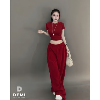 Set Bộ Đồ Nữ Áo Thun Zip Croptop Co Giãn Ôm Body Thêu Bad Ngắn Tay Mix Quần Suông Dài Ống Rộng Tăm Nhung