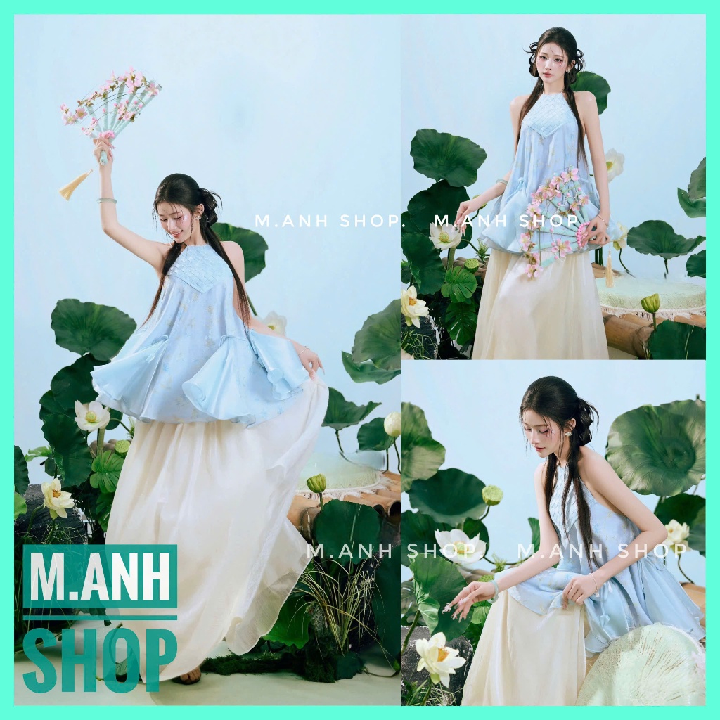 Sét Yếm Đan Xanh Chụp Ảnh Concept Đầm Sen Trung Thu Xinh Đẹp Nàng Thơ