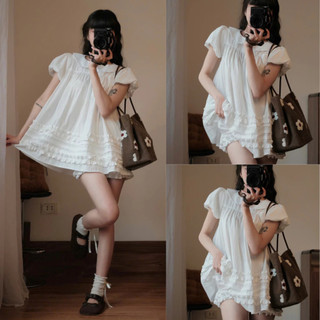Áo Váy Babydoll Cổ Sen Form Rộng Gấu Viền Bèo Kèm Quần Bí Phồng Bo Chun Đi Du Lịch Cakecat