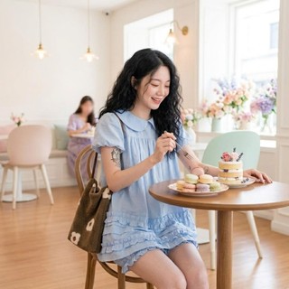 Áo Váy Babydoll Cổ Sen Form Rộng Gấu Viền Bèo Kèm Quần Bí Phồng Bo Chun Đi Du Lịch Cakecat