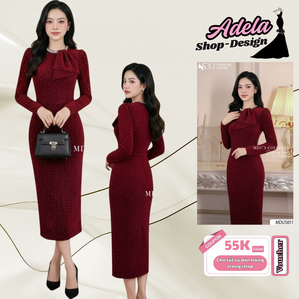 Váy Dạ Hội Thiết Kế ADELA DESIGN Nhũ Dệt Kim Sa Đính Đá Dáng Ôm Midi MDU5851