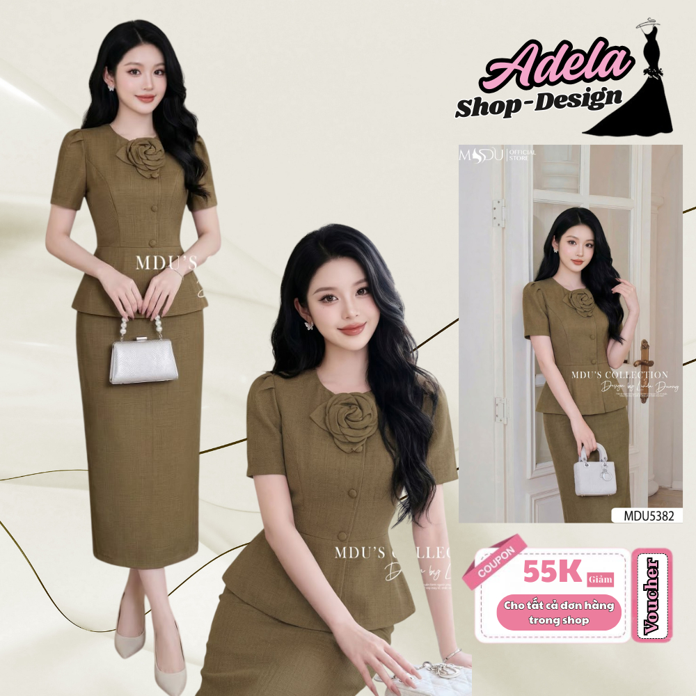 Váy Thiết Kế ADELA DESIGN Công Sở Nâu Trầm Peplum Tinh Tế Xước Thái Đính Hoa Cúc Bọc MDU5382