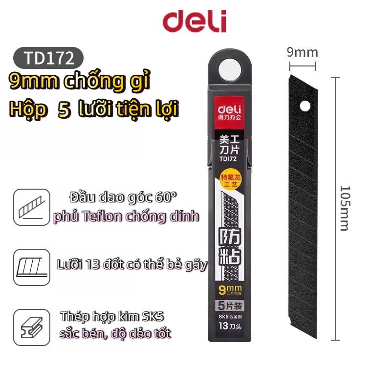 Lưỡi dao Deli  chống dính SK5 siêu sắc bén – 13 đốt – Hộp 10 lưỡi bền, không dính keo