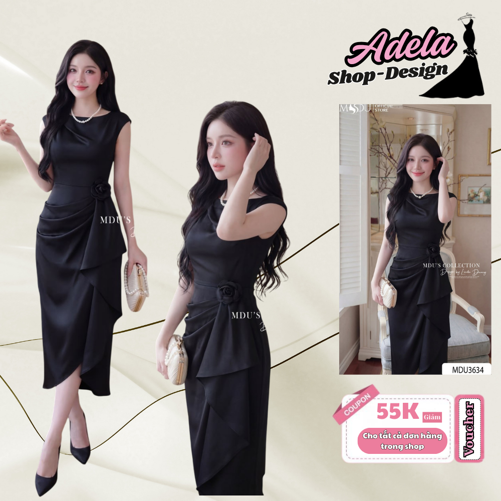 Váy Thiết Kế ADELA DESIGN Lụa Twist Satin Vân Cao Cấp Hoa Đính Sang Trọng Tôn Dáng MDU3634