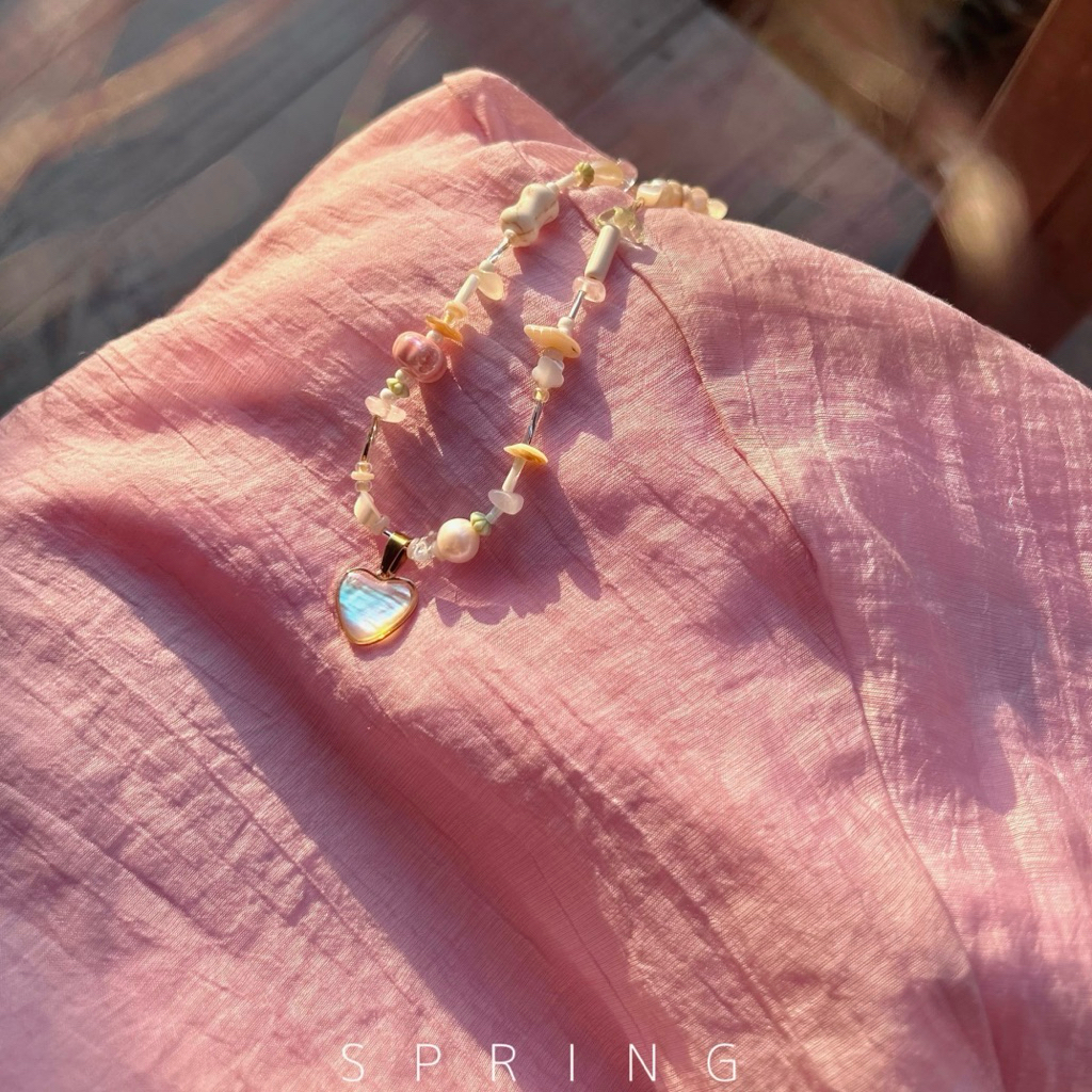 Vòng Cổ Đá Chuỗi HI LOVE ma mix Ngọc Trai Mạ Trái Tim Handmade Design By QUEMEO