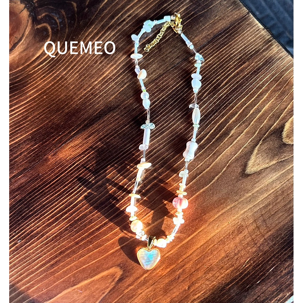 Vòng Cổ Đá Chuỗi HI LOVE ma mix Ngọc Trai Mạ Trái Tim Handmade Design By QUEMEO