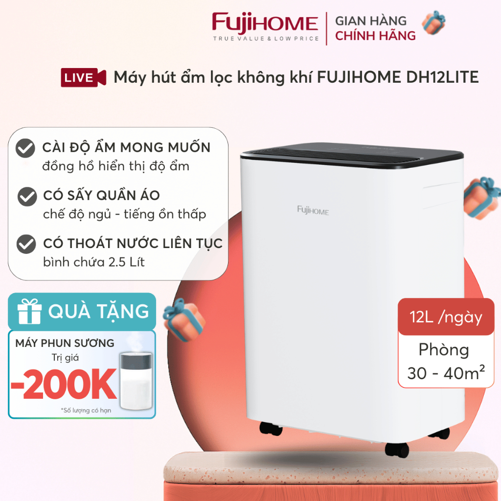 Máy hút ẩm chống nồm  Nhập Khẩu FUJIHOME DH12LITE cho căn hộ nhỏ,, máy hút ẩm 16 Lít tiết kiệm điện