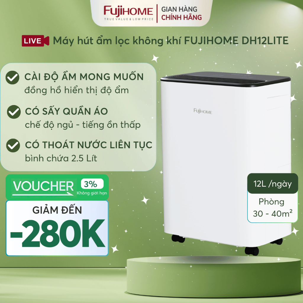 Máy hút ẩm mini 12L Nhập Khẩu FUJIHOME DH12LITE chống ẩm mốc hiệu quả,  tiết kiệm điện êm ái