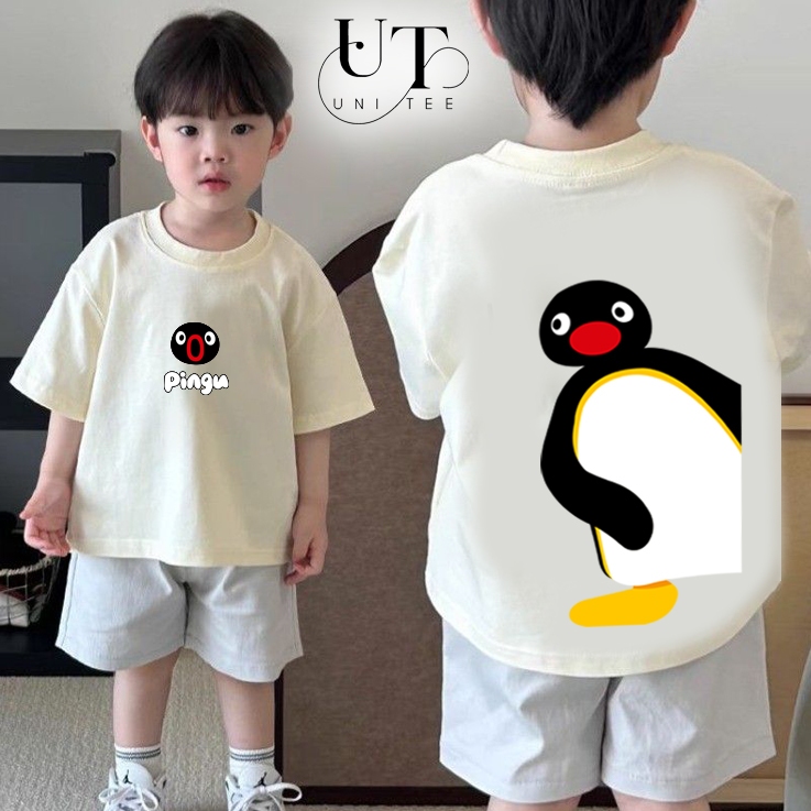 (9Kg-110Kg) Áo thun Unisex họa tiết Pingu vui nhộn, vải Cotton mịn, co dãn cho Nam Nữ, Trẻ Em, Gia Đình - Uni Tee I U126