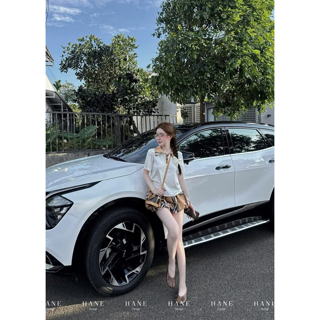 set áo thun cổ kẻ phối  chân váy bí xinh