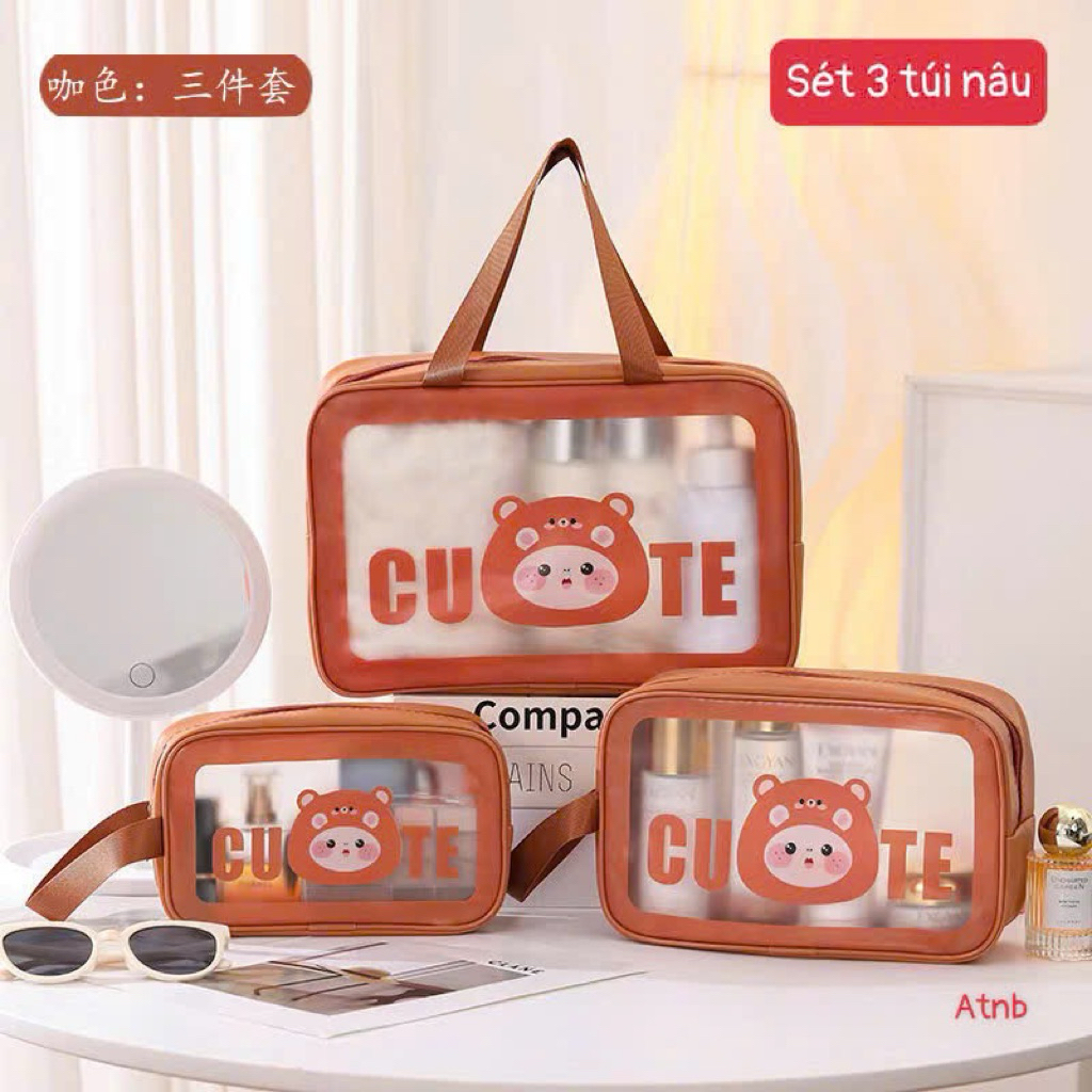🌸 SET 3 TÚI ĐỰNG MỸ PHẨM TRONG SUỐT LUCKY CAT - CHỐNG THẤM NƯỚC CAO CẤP 🌸