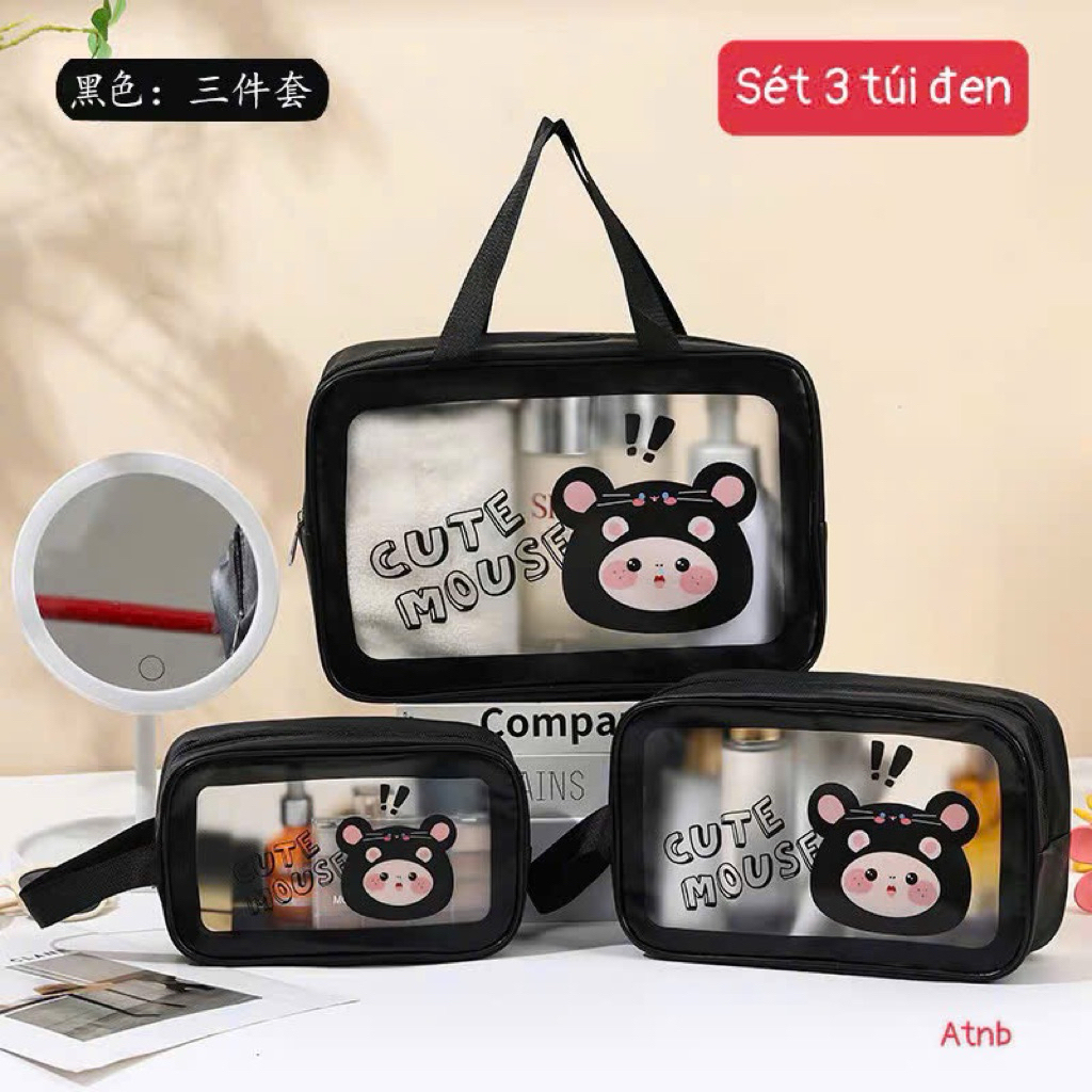 🌸 SET 3 TÚI ĐỰNG MỸ PHẨM TRONG SUỐT LUCKY CAT - CHỐNG THẤM NƯỚC CAO CẤP 🌸
