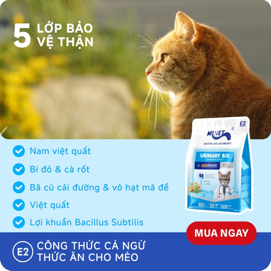 Hạt Cho Mèo MRVET E2 Gói Dùng Thử 50G Chăm Sóc Tiết Niệu Đa Chiều, 80% Đạm Từ Cá Ngừ & Gà