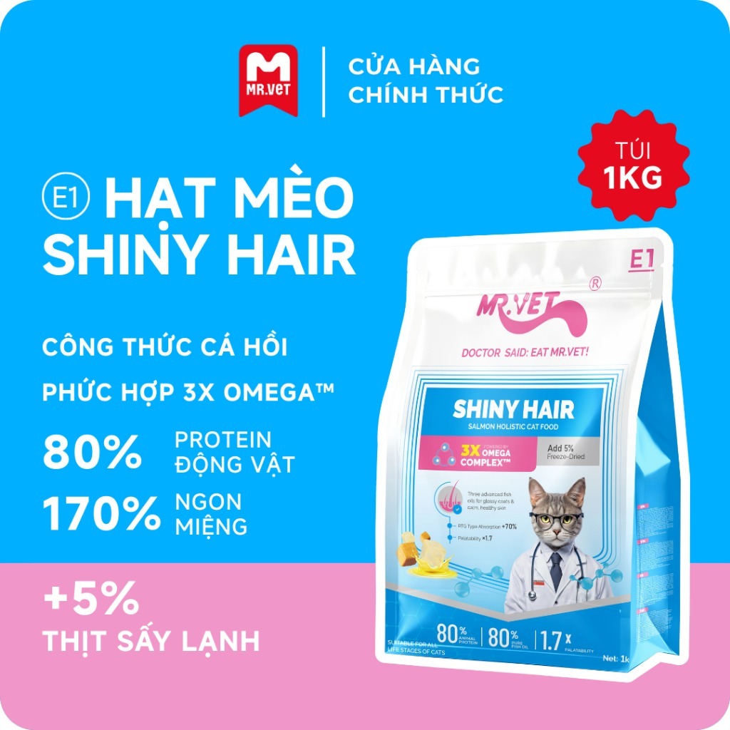 [MỚI] Hạt Cho Mèo MRVET E1 Gói 1KG Dưỡng Lông Chuyên Sâu Từ Dầu Cá Tinh Khiết, 80% Đạm cá hồi & gà