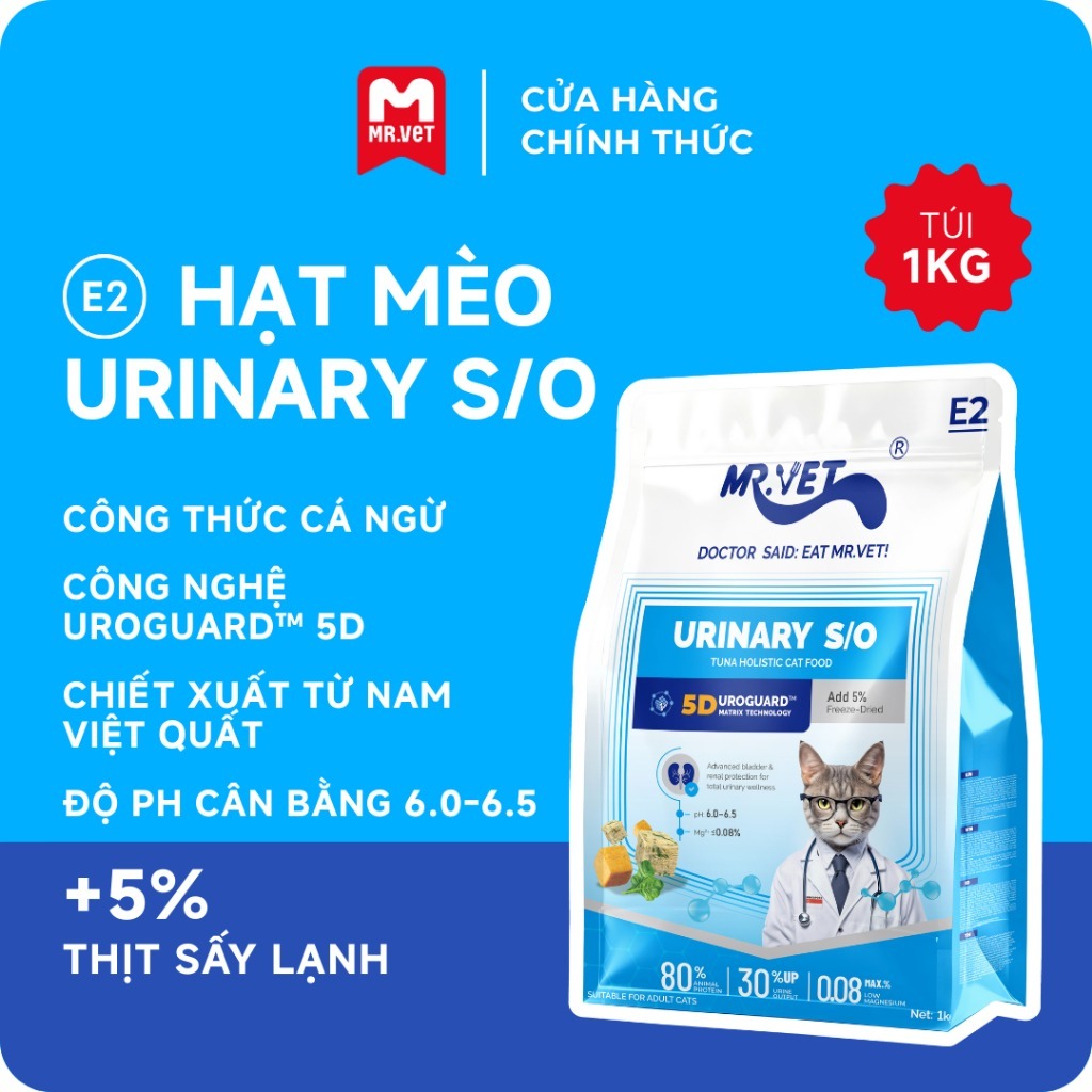 [MỚI] Hạt Cho Mèo Mr Vet E2 Gói 1KG Chuyên Chăm Sóc Tiết Niệu, 80% Đạm Từ Động Vật