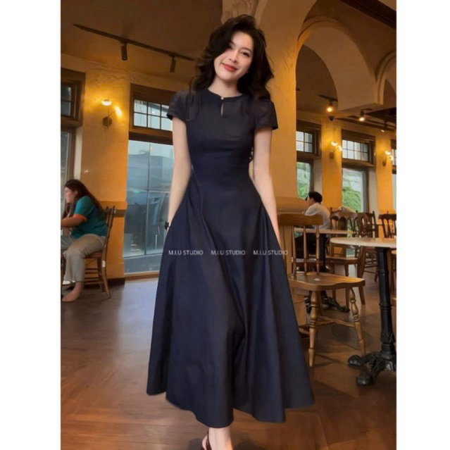 Váy jean nữ tay ngắn dáng dài xoè chiết eo tôn dáng thanh lịch , Đầm thiết kế midi style basic đơn giản mặc đi làm chơi