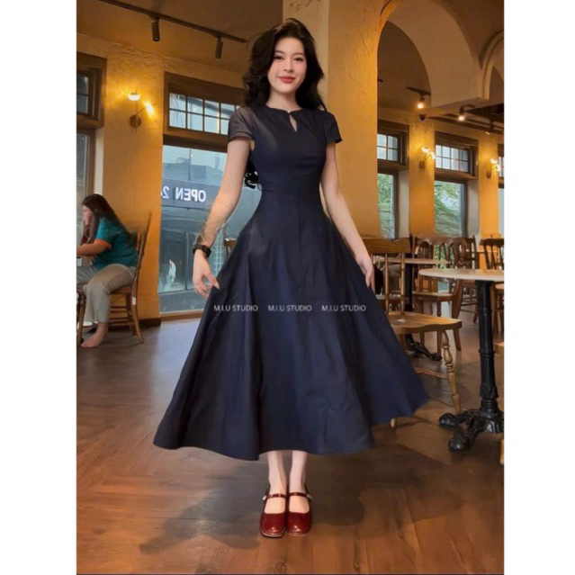 Váy jean nữ tay ngắn dáng dài xoè chiết eo tôn dáng thanh lịch , Đầm thiết kế midi style basic đơn giản mặc đi làm chơi