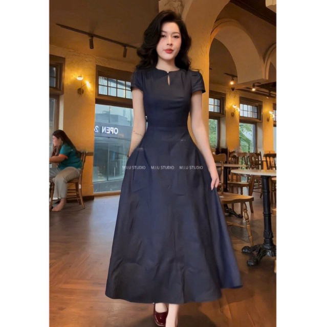 Váy jean nữ tay ngắn dáng dài xoè chiết eo tôn dáng thanh lịch , Đầm thiết kế midi style basic đơn giản mặc đi làm chơi