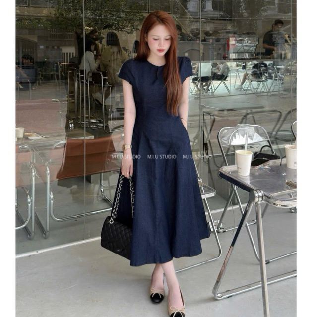 Váy jean nữ tay ngắn dáng dài xoè chiết eo tôn dáng thanh lịch , Đầm thiết kế midi style basic đơn giản mặc đi làm chơi
