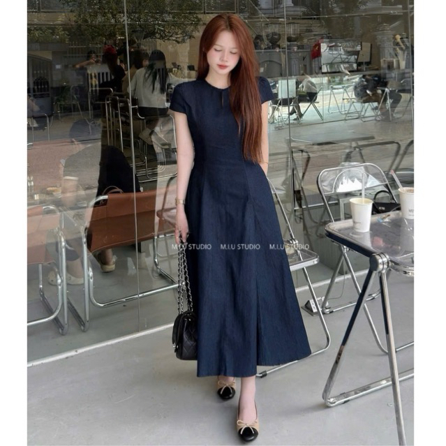Váy jean nữ tay ngắn dáng dài xoè chiết eo tôn dáng thanh lịch , Đầm thiết kế midi style basic đơn giản mặc đi làm chơi