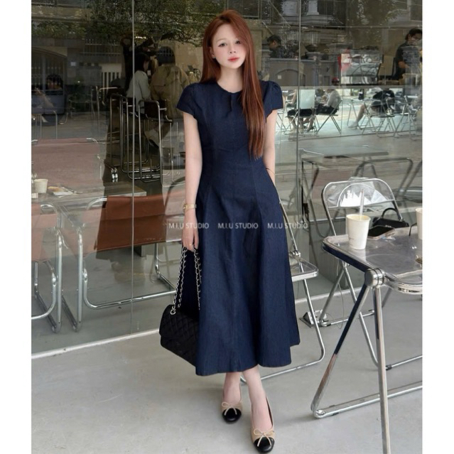 Váy jean nữ tay ngắn dáng dài xoè chiết eo tôn dáng thanh lịch , Đầm thiết kế midi style basic đơn giản mặc đi làm chơi