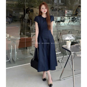 Váy jean nữ tay ngắn dáng dài xoè chiết eo tôn dáng thanh lịch , Đầm thiết kế midi style basic đơn giản mặc đi làm chơi