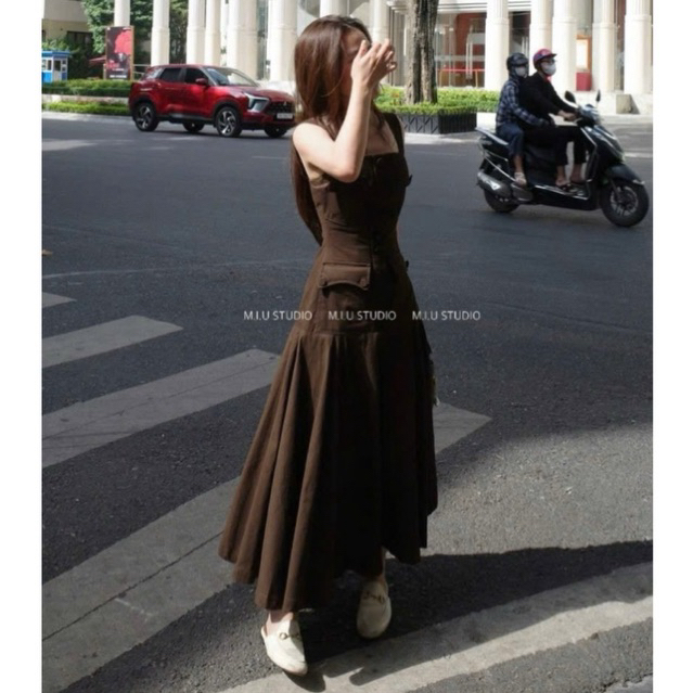 Đầm váy nữ TK 2S cổ vuông phối túi ngực dáng dài xoè chiết eo tôn dáng style HQuốc cho các nàng mặc đi chơi đi dạo phố