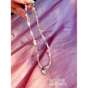 Vòng Cổ Đá Chuỗi HI LOVE ma mix Ngọc Trai Mạ Trái Tim Handmade Design By QUEMEO