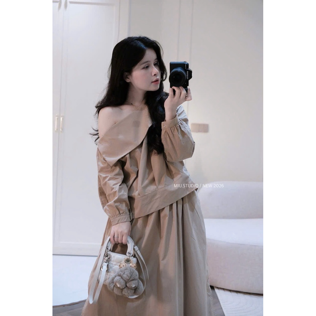 Set Áo lệch vai dài tay phối cổ vạt gập ngực kèm chân váy dài style basic đơn giản ,tông màu nude cực tôn da dễ mix đồ