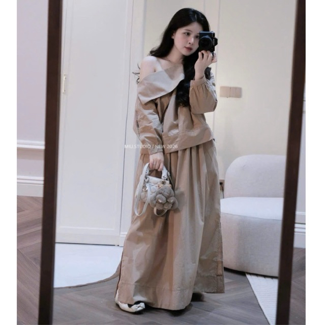 Set Áo lệch vai dài tay phối cổ vạt gập ngực kèm chân váy dài style basic đơn giản ,tông màu nude cực tôn da dễ mix đồ