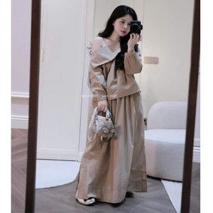 Set Áo lệch vai dài tay phối cổ vạt gập ngực kèm chân váy dài style basic đơn giản ,tông màu nude cực tôn da dễ mix đồ