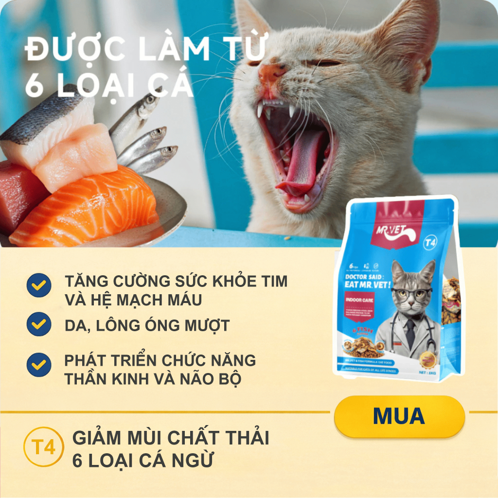 Hạt cho mèo MR.VET T4 Gói 1KG Công thức Đặc Biệt Phối Hợp 6 loại cá Cá ngừ, Cá hồi, Cá Bonito, Cá cơm, Cá tuyết