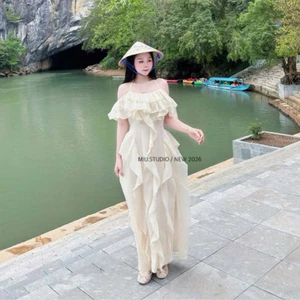 Váy maxi nữ thiết kế 2S phối bèo nhún tầng dịu dàng tiểu thư , Đầm trễ vai dáng dài xoè nhẹ nhàng mặc đi biển đi du lịch