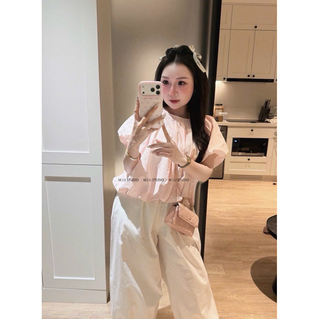 “Mira Set” Set Áo babydoll chấm bi cổ tròn tay bồng dáng bí from rộng kèm quần dài ống xuông viền bèo style basic dễ mặc